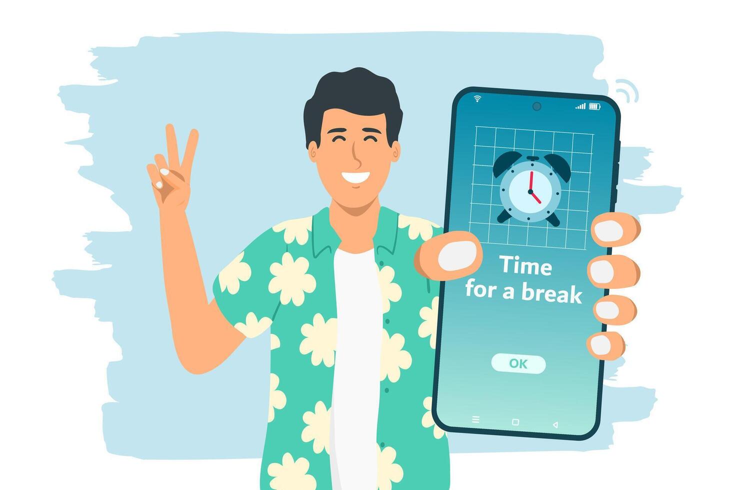 Take a break from your activity or phone. Person holding smartphone with time for a break notification. vector