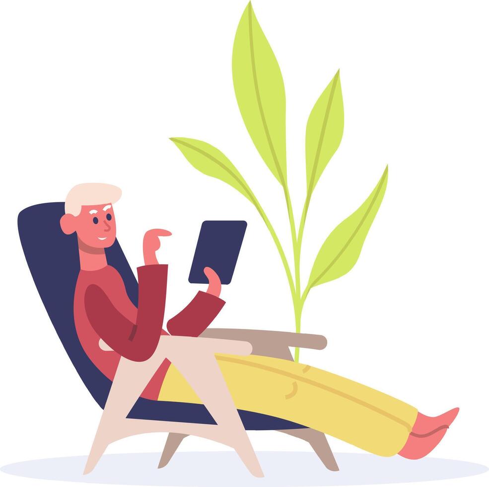 Man relaxing in chair using tablet computer vector