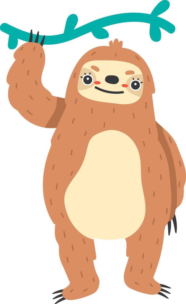 Smiling cartoon sloth hanging on a tree branch vector