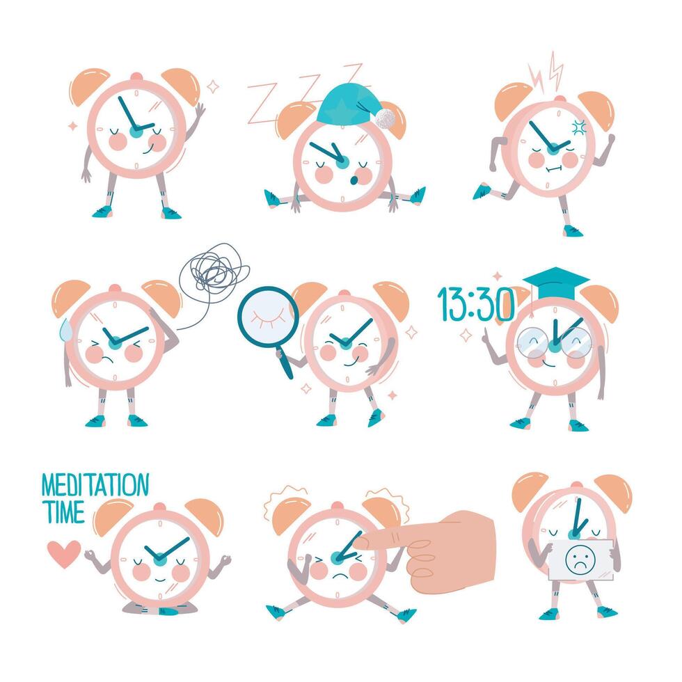 Funny Clock Character with Smiling Face Sleeping and Thinking Set vector