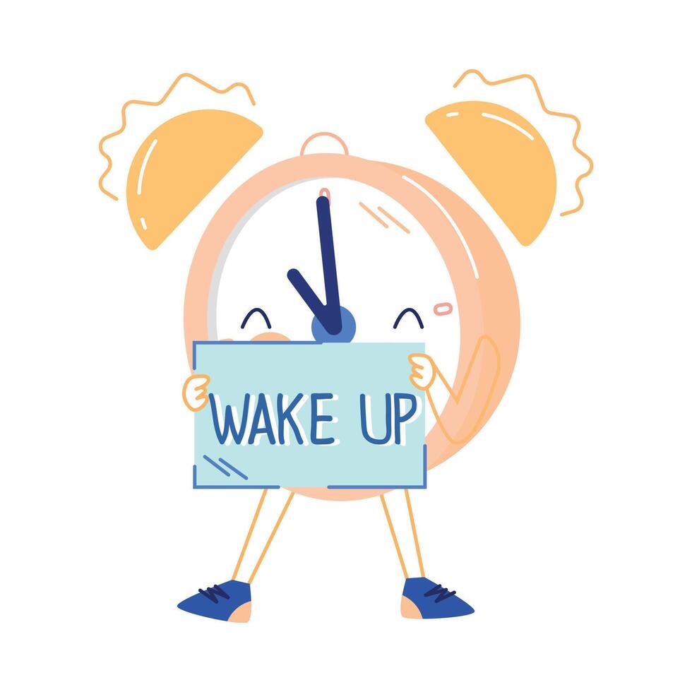 Funny Clock Character with Smiling Face Ringing Showing Wake Up Placard Illustration vector