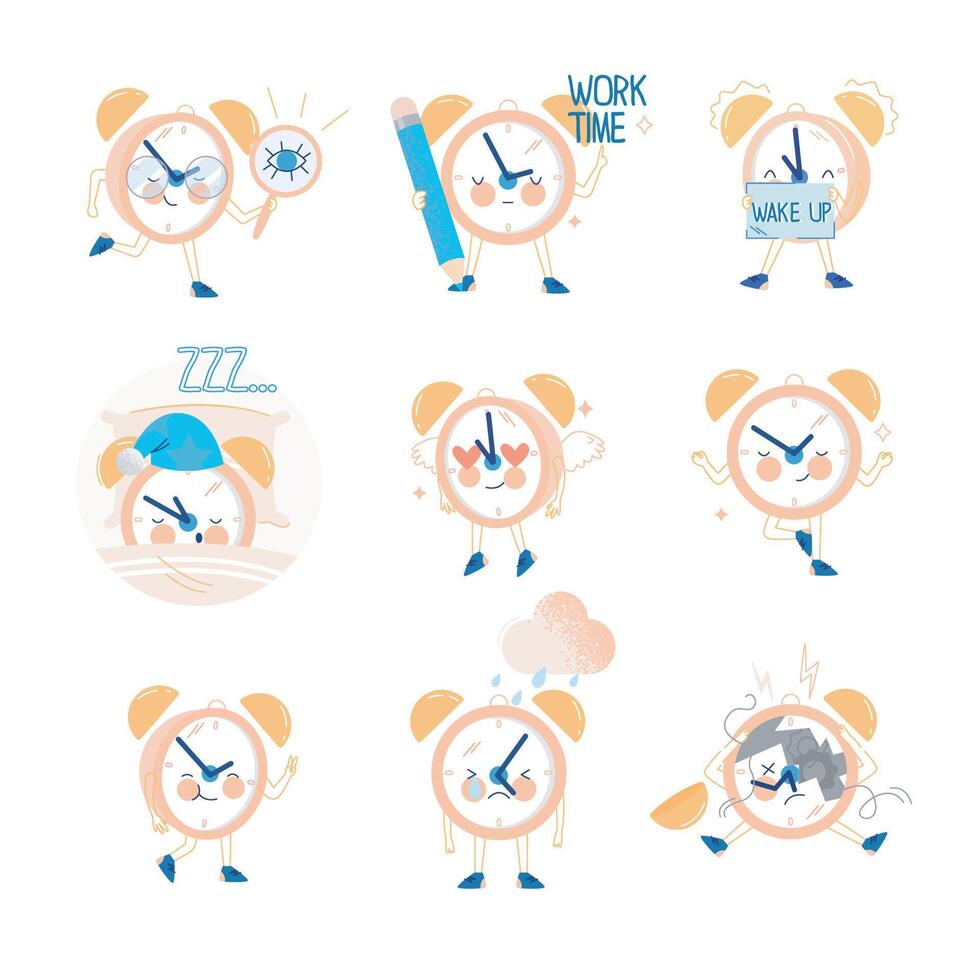 Funny Clock Character with Smiling Face Sleeping and Crying Set vector