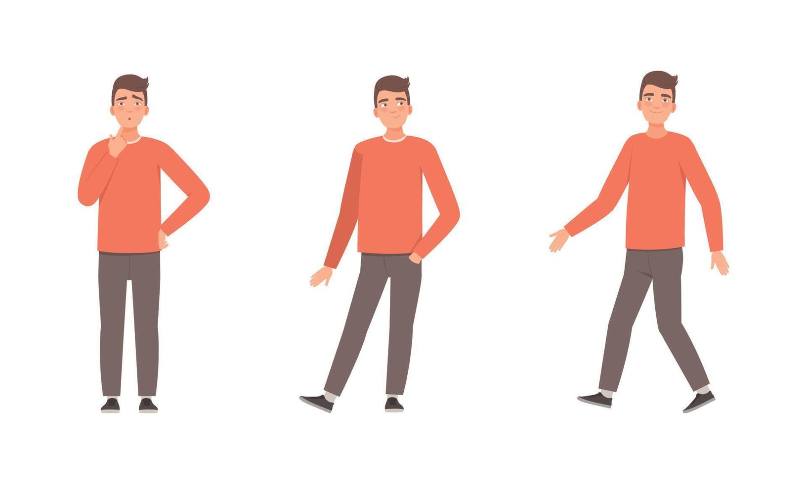 Young Man Expressing Different Emotion Thinking with Finger on Chin and with Curious Sight Set vector