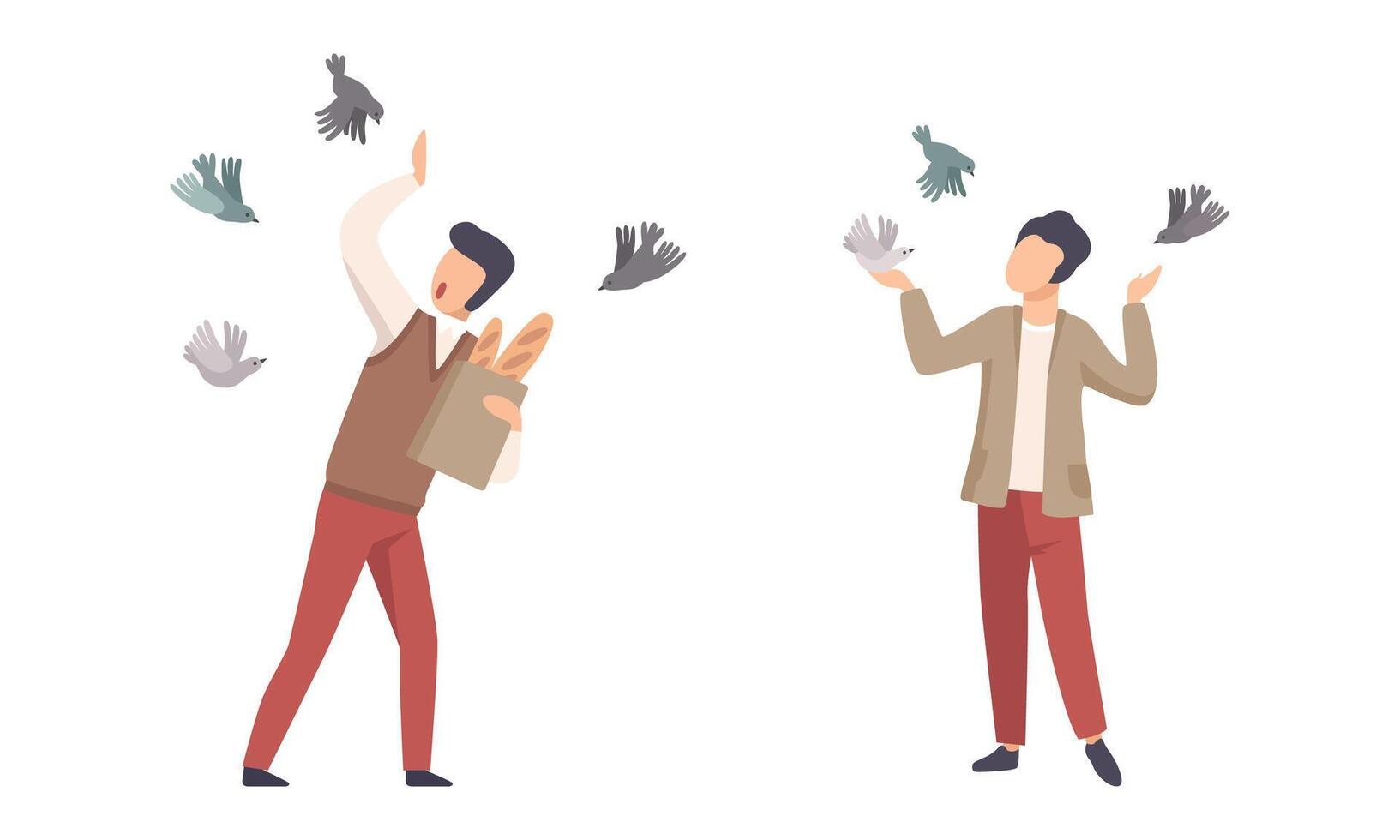 Man Character with Gathered Birds Walking in the Park Set vector