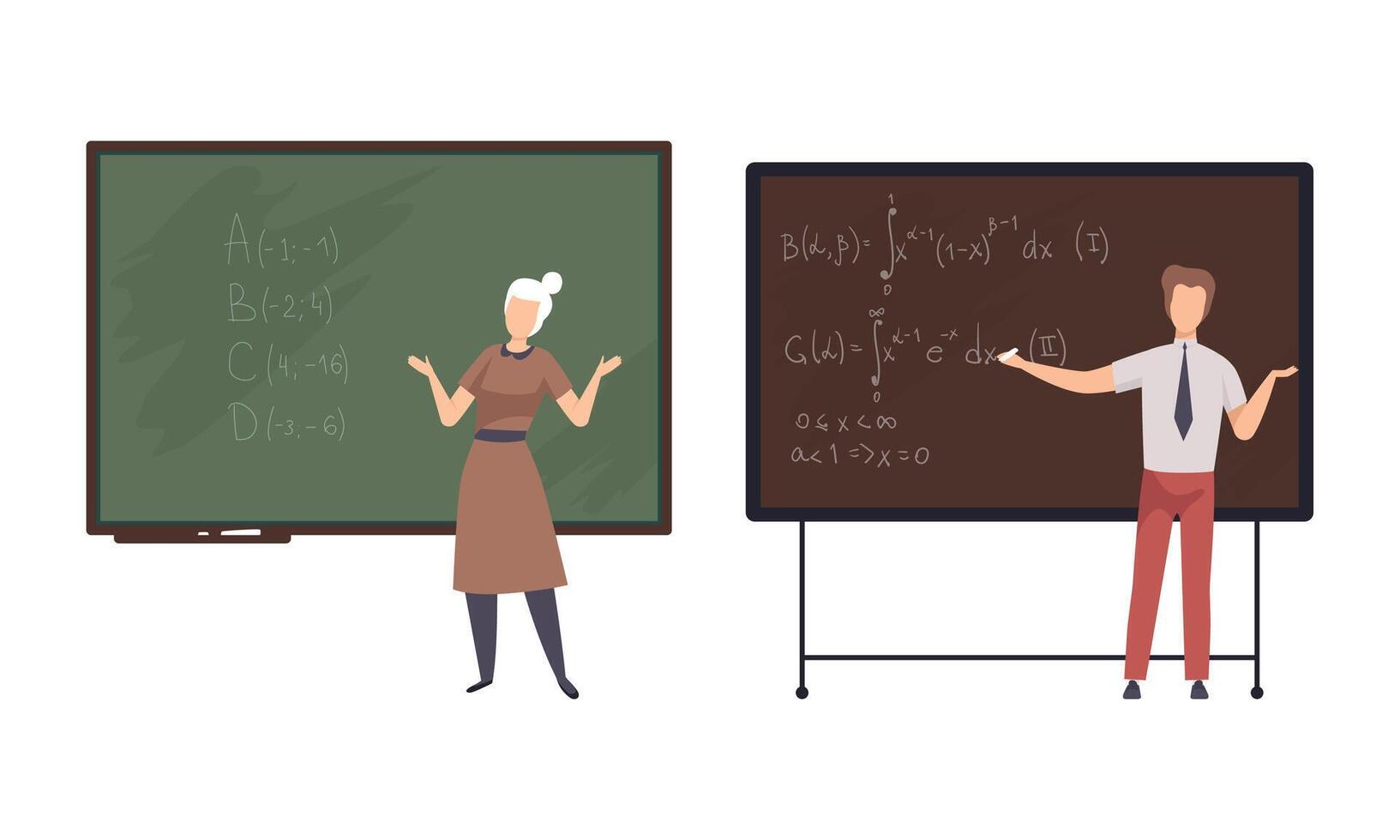 Man and Woman Teacher or University Professor Standing in Front of Chalkboard Explaining Lesson Set vector