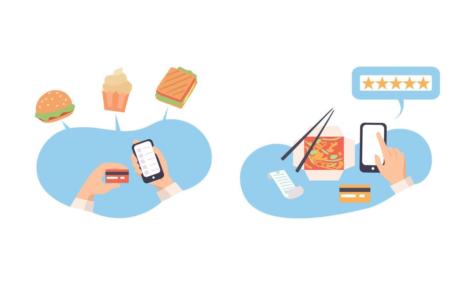 Ordering Service with Human Hand Using App for Food Delivery Set vector