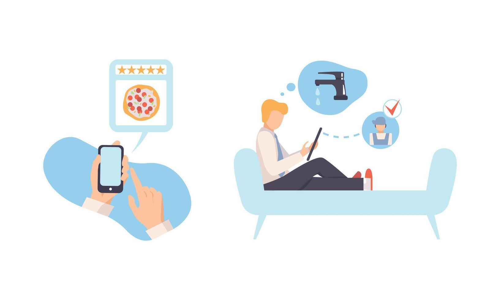 Man Ordering Plumber Repair Service Using Mobile App on Tablet Set vector