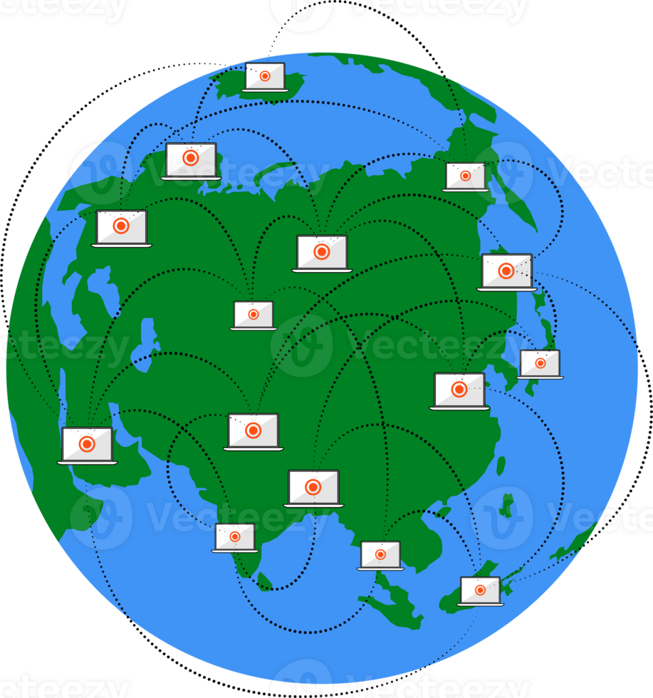 Infographic of blockchain technology with laptop computers on world map. Technology network security and cryptocurrency in the new economic. illustration transparent background png