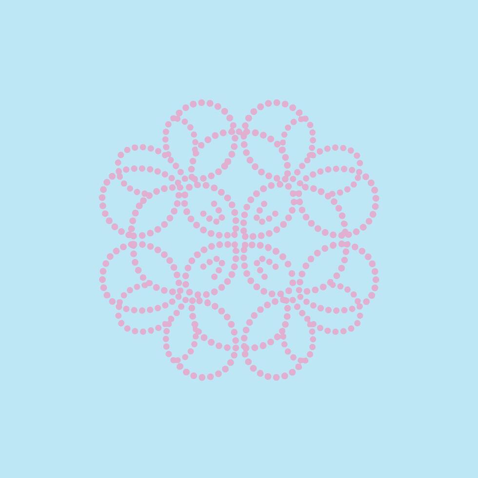 Abstract pattern of interconnected pink dotted loops forming a symmetrical floral design on a light blue vector