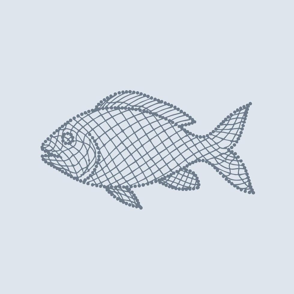 Intricate wireframe representation of a fish with detailed fins, scales, and streamlined body design on a light vector