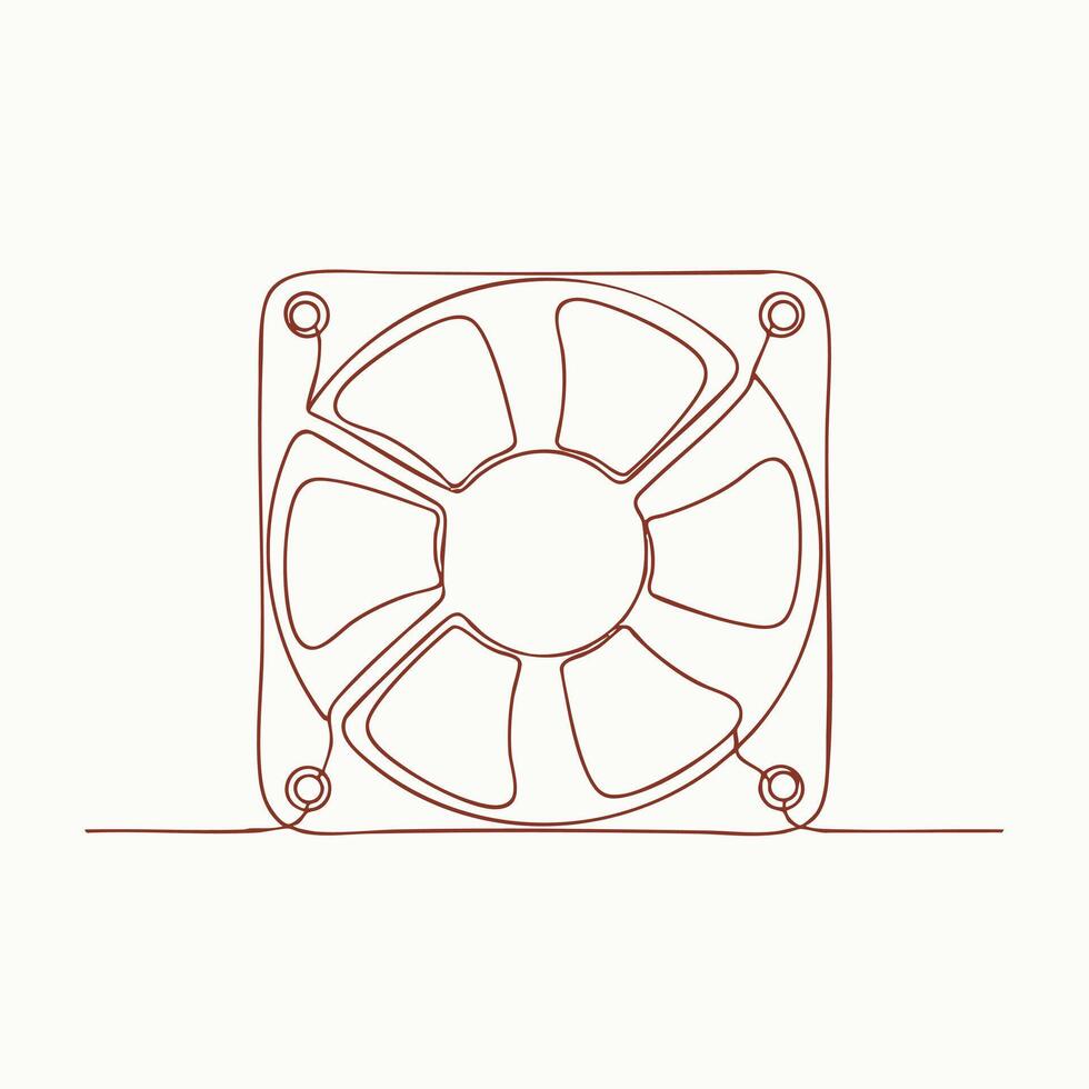 Single-line drawing of a cooling fan with detailed blades and mounting frame, minimalistic style emphasizing technical design vector