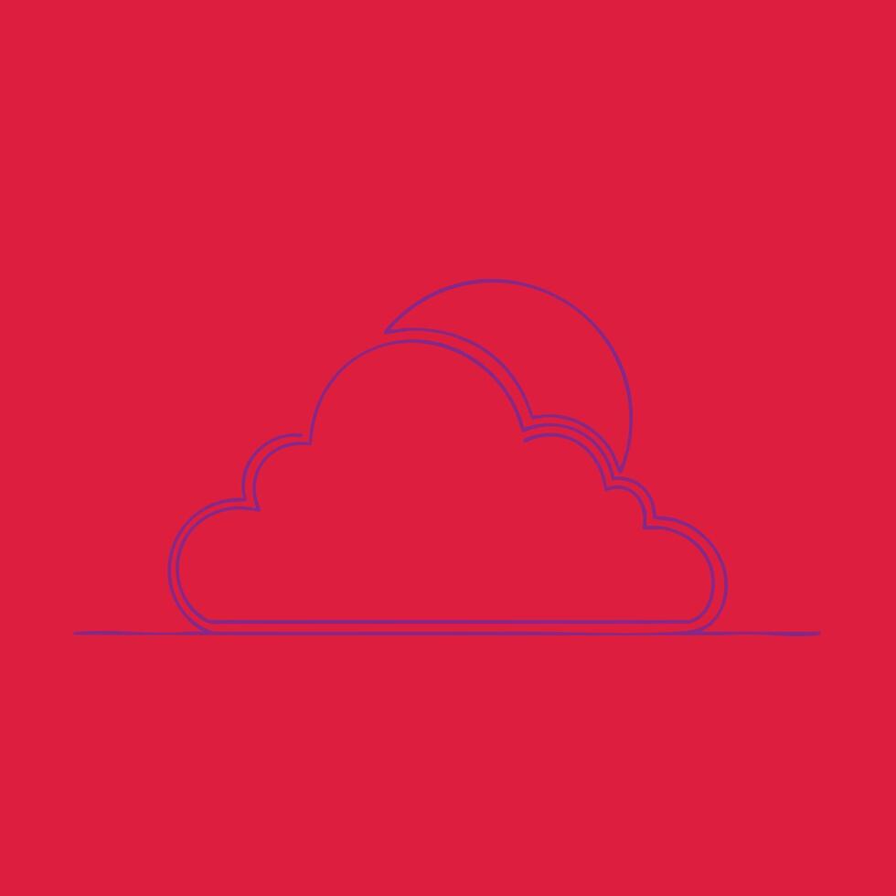 Minimalist line art of a cloud with a sun partially hidden behind it on a vibrant red vector