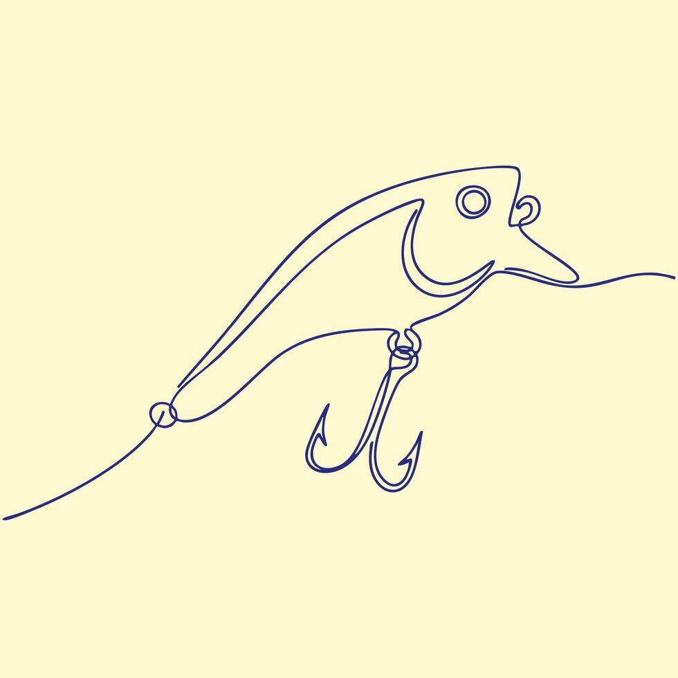 Minimalist line drawing of a fishing lure with a hook, illustrating simple and clean design on a light vector