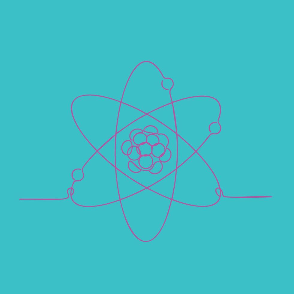 Abstract representation of an atom with orbiting electrons and nucleus on a vibrant blue vector