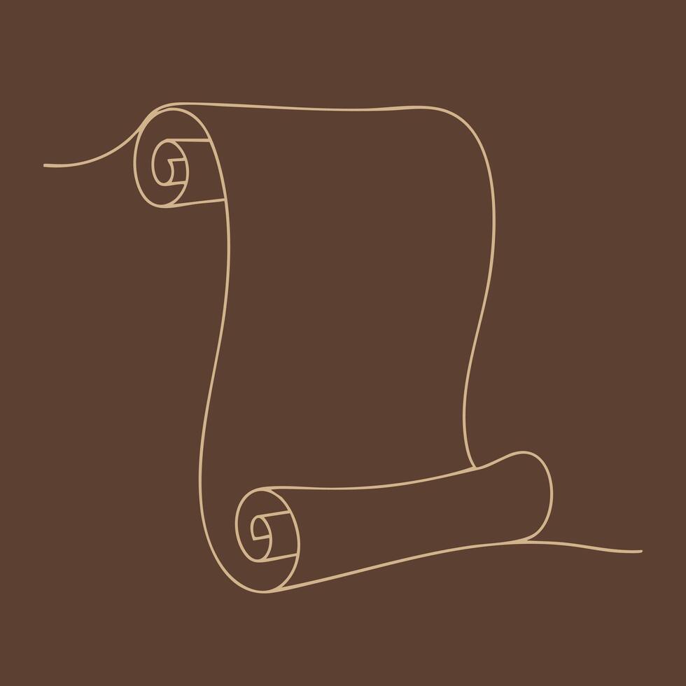Minimalist continuous line drawing of a scroll or parchment on a solid brown vector