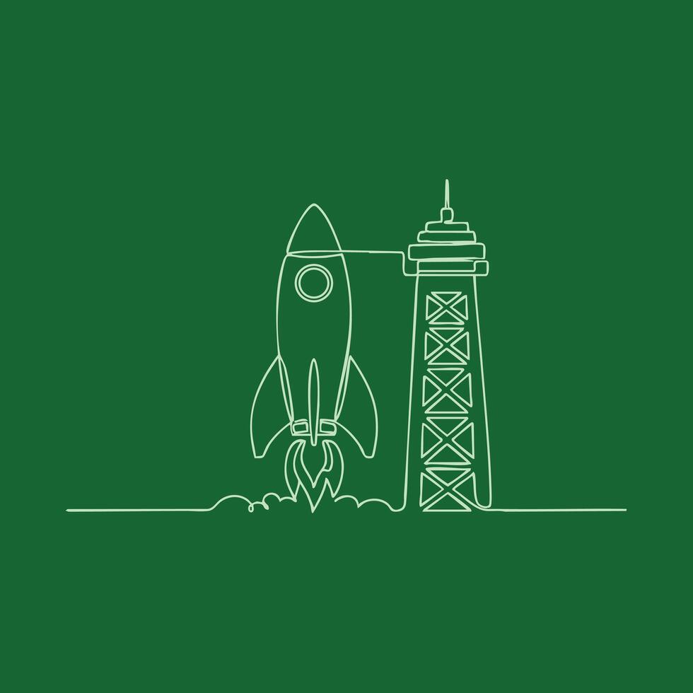 Minimalist Line Drawing of a Rocket Launching Next to a Tall Communication Tower on a Green vector