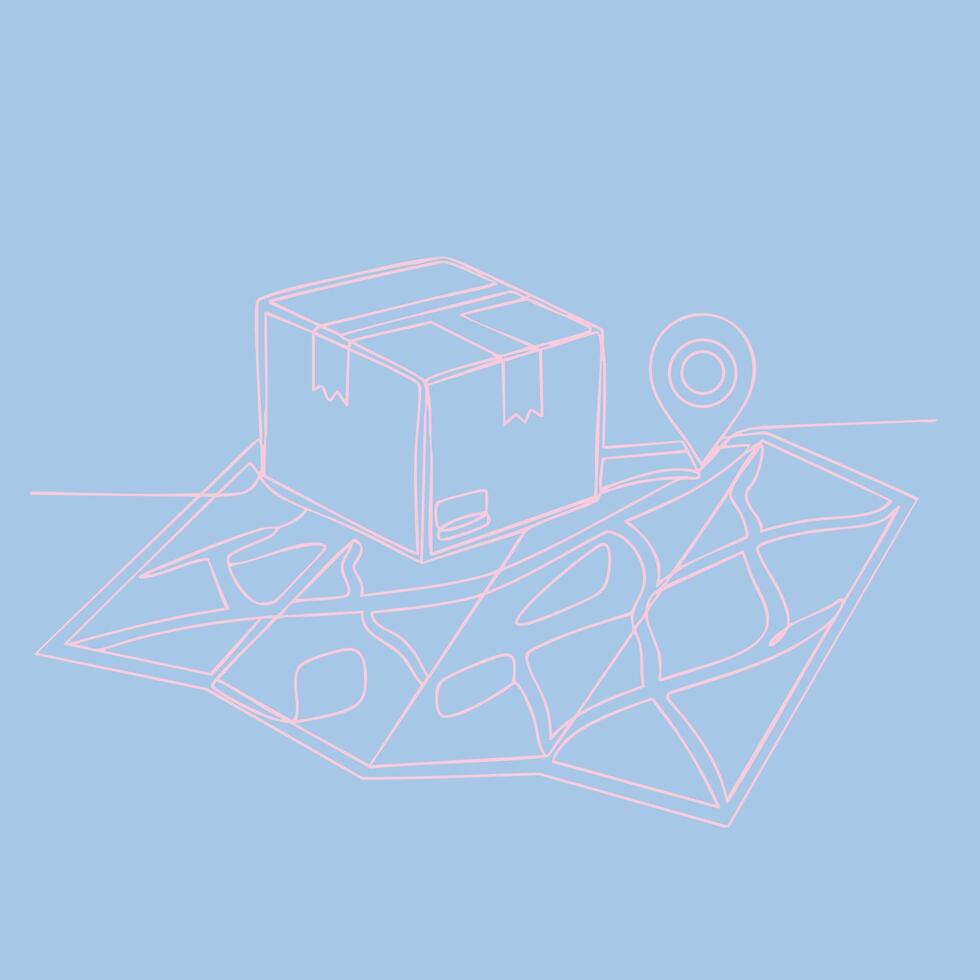 Parcel on a folded map with a location pin indicating delivery or navigation in a minimalistic line art style on a pastel blue vector