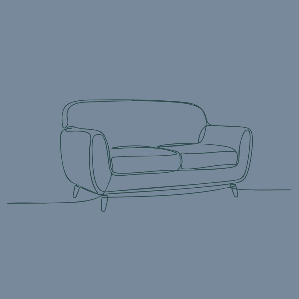 Minimalist single-line drawing of a modern two-seater sofa with rounded armrests and cushions on a muted vector