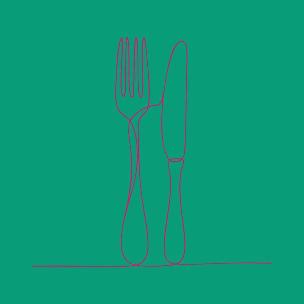 Minimalist Line Drawing of a Fork and Knife Standing Upright on a Flat with a Solid vector