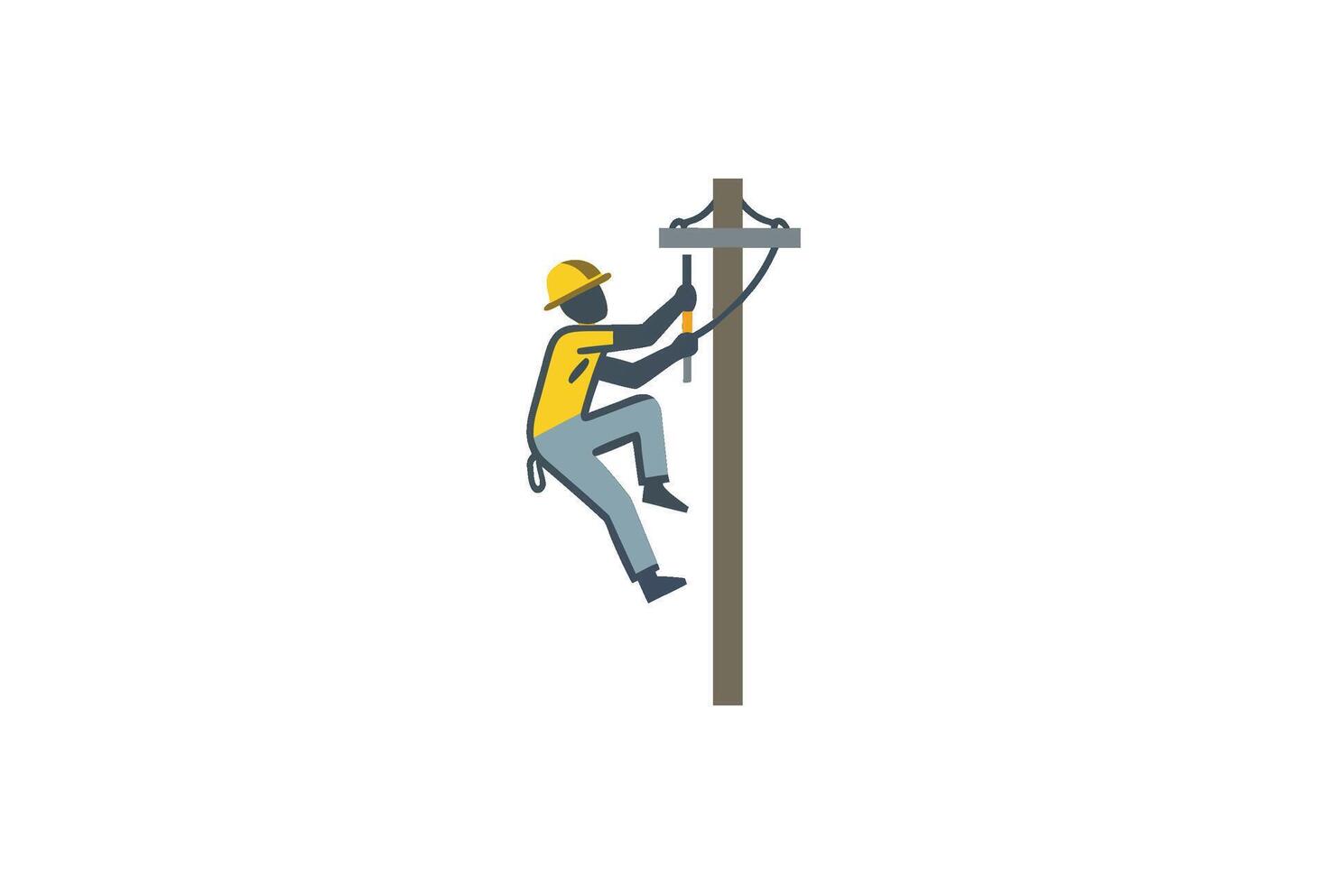 Lineman working on utility pole climbing with tools flat design silhouette vector