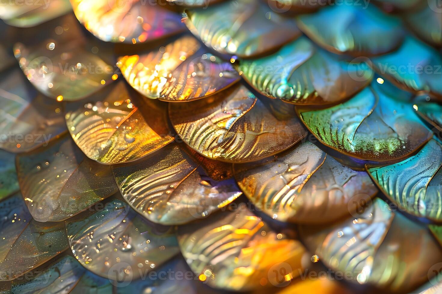 CloseUp View of Iridescent Scales A Detailed Look at the Multicolored, Overlapping, Textured, and Luminous Surface with Shimmering Details, Revealing the Intricate Patterns of Natures Design, an Abstr photo