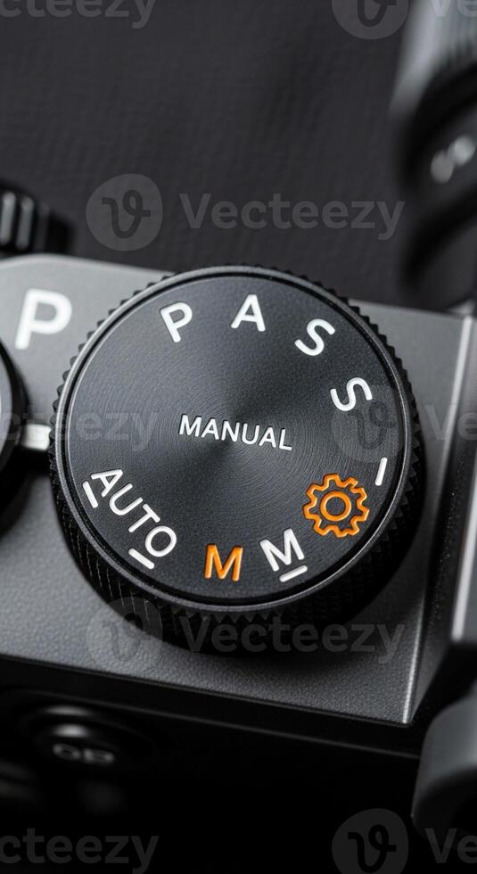 Close up of a camera s mode dial showing manual auto program aperture and shutter priority settings photo