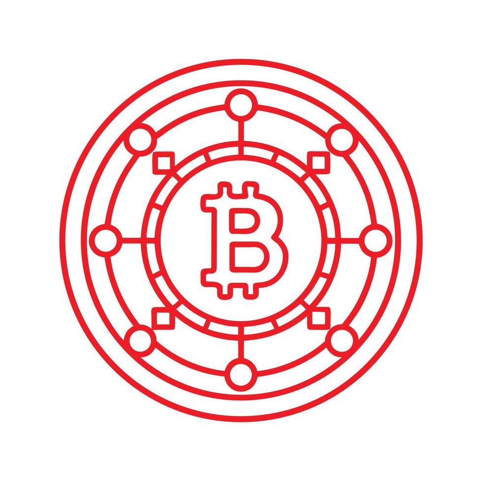 Red Line Art Bitcoin Cryptocurrency Symbol within a Circular Network Design on White Background vector