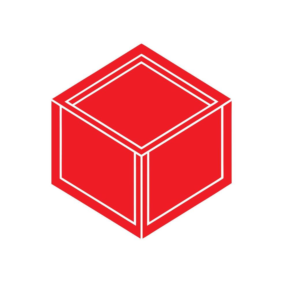 Red Isometric Cube with White Outline on White Background geometric shape vector