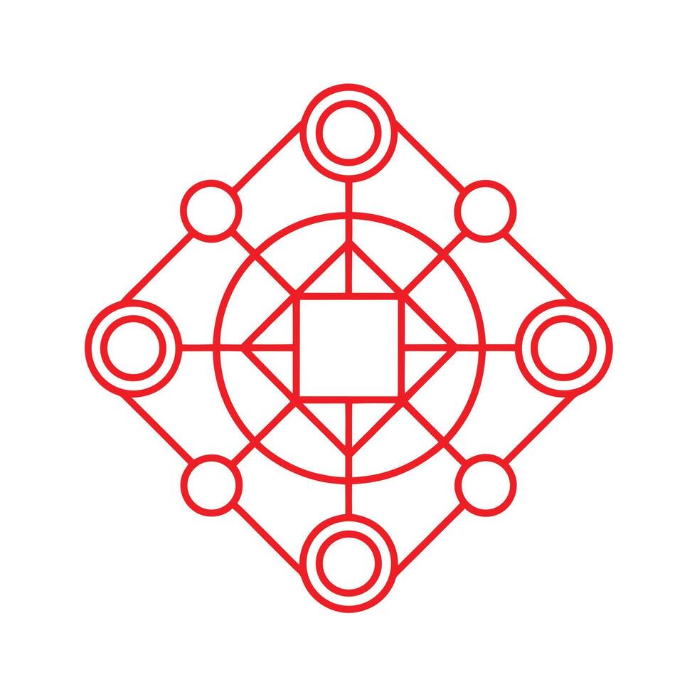 Red geometric line art symbol with interconnected circles and squares abstract pattern vector