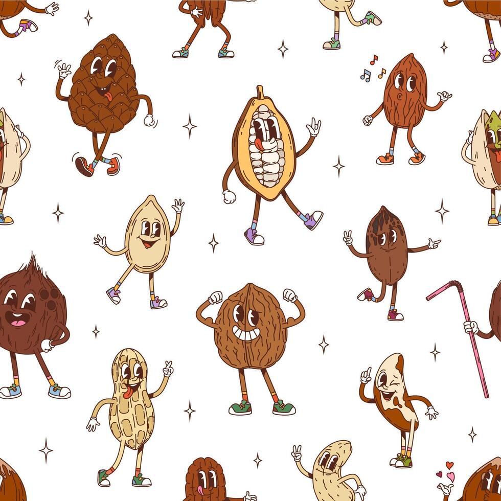 Colorful cartoon nuts and seeds character pattern vector