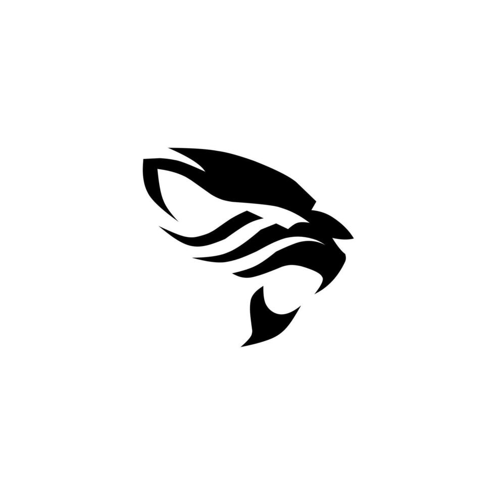Fierce, abstract black silhouette of a tiger or predatory cat head. The dynamic, sweeping lines create a powerful illusion of speed, stealth, and aggressive determination. vector