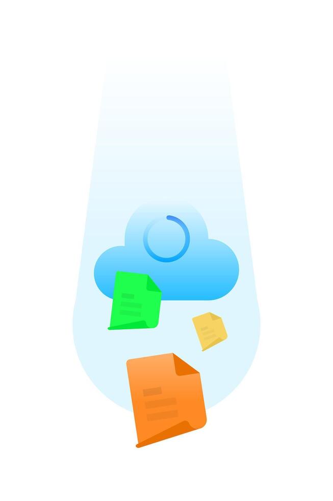 illustration of cloud data recovery process with circular loading loop and falling document sheets. cloud backup, data synchronization, loading files, or restoring information from online storage vector