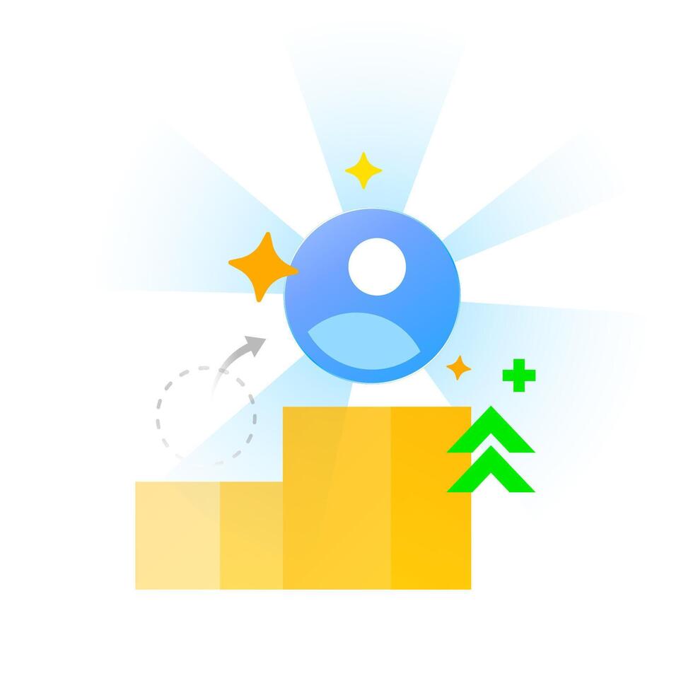 illustration of a user profile icon climbing. account level up, progress, achievement, or upgrade in mobile app or web interface. for UI design, gamification, dashboard, achievement notifications vector