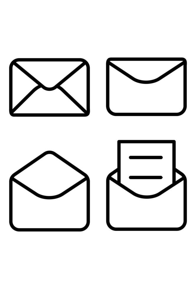 Four different outline icons representing mail and letters. Collection of four simple line art envelope symbols. Messaging icons showing open and closed mail. vector