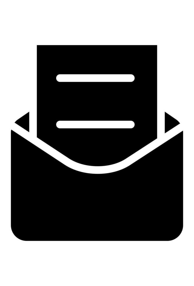 Solid black open envelope icon with a document inside. Filled icon of received mail or an incoming letter. Dark silhouette of an envelope showing a message. vector