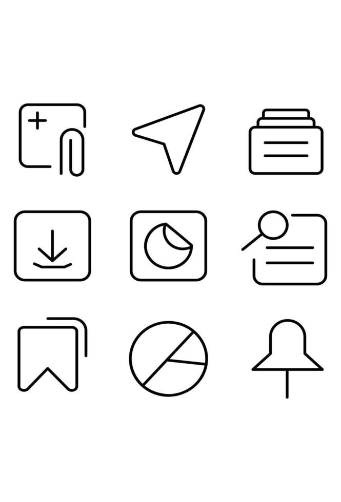 A set of nine various minimalist line art icons. Collection of symbols for data, interface, and office. Assorted outline icons including search and file. vector