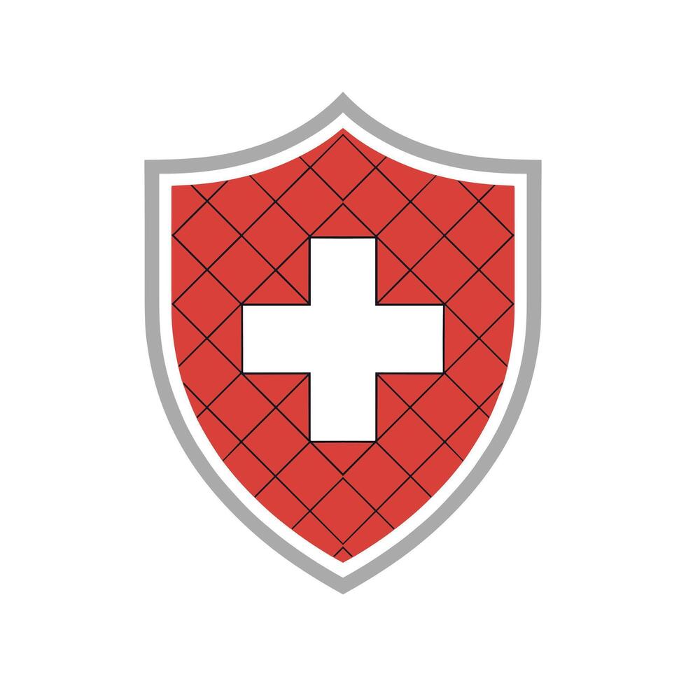 Red Shield with White Cross and Diagonal Grid Pattern, Symbolizing Protection and Swiss Heritage vector