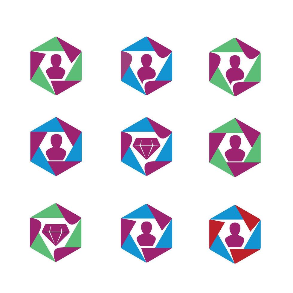 Hexagonal Frame with People inside icon design set vector