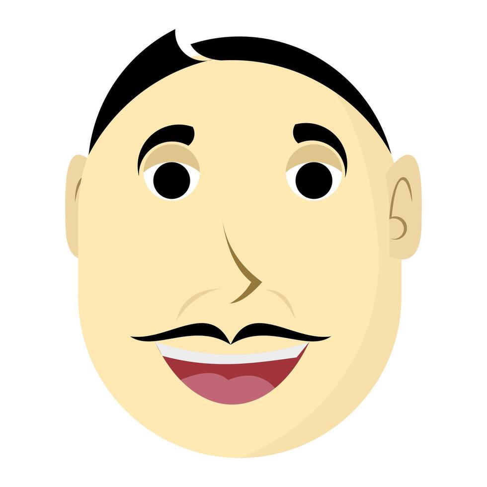 Cartoon style face with black hair, mustache, and cheerful smile on clean background, ideal for avatar creation, character branding, and expressive visual content. vector