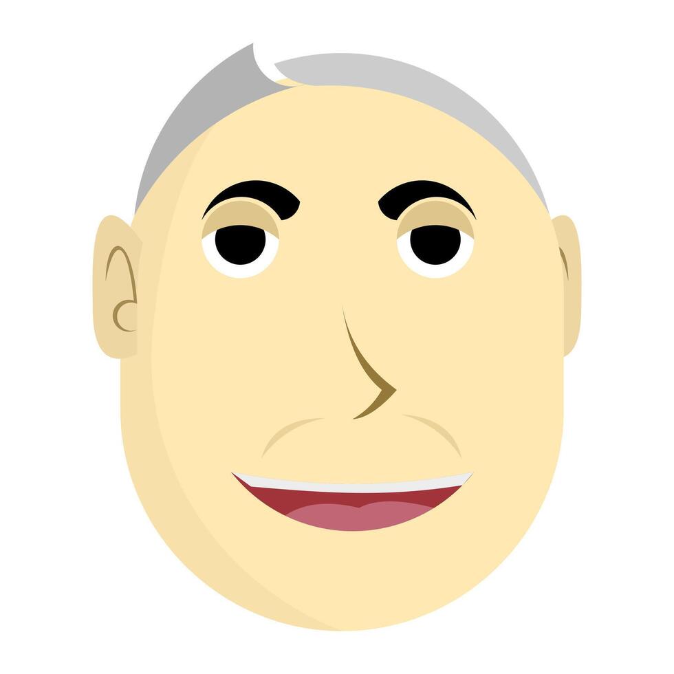 Cartoon style face with gray hair, bold features, and cheerful smile on flat background, ideal for avatar design, character branding, and expressive visual content. vector