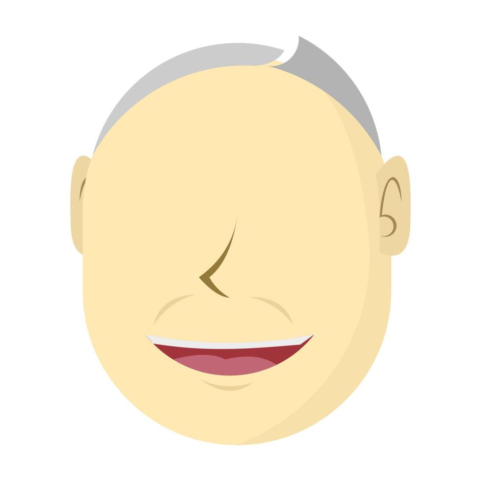Cartoon style bald face with gray side hair, thin brows, and wide smile showing teeth and tongue, ideal for avatar sets, character branding, and playful visual content. vector