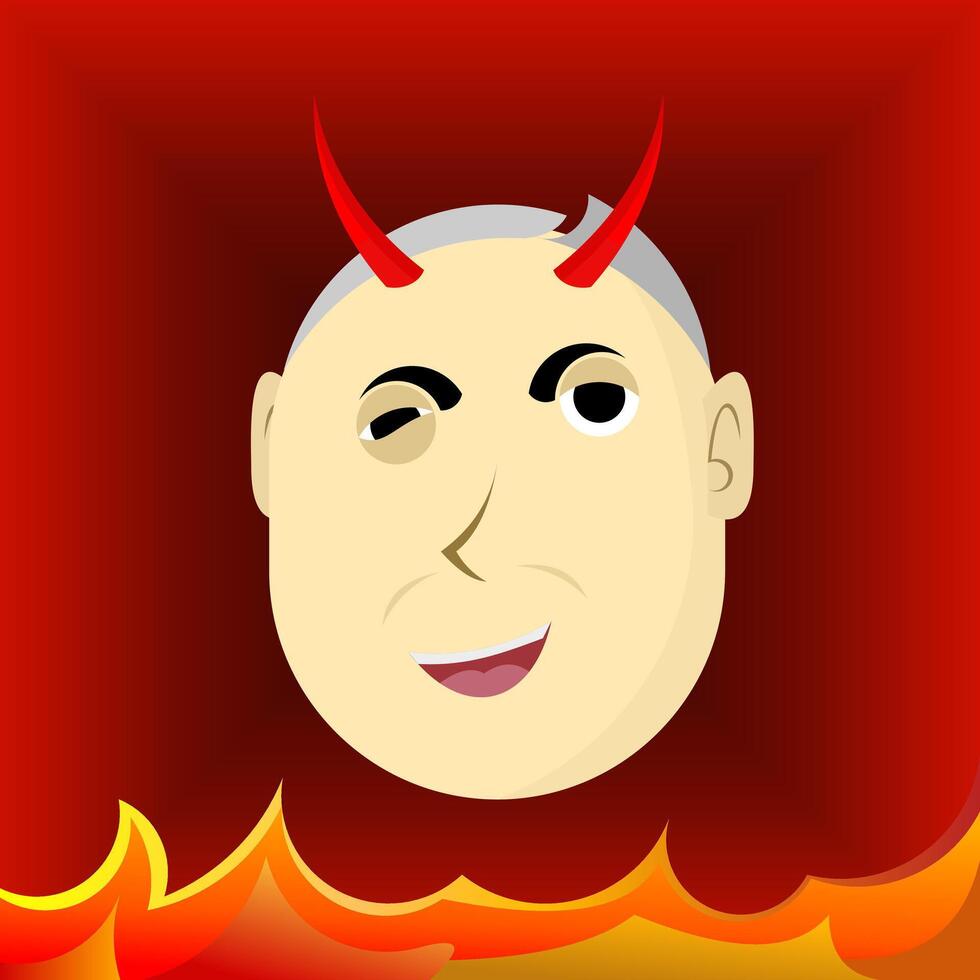 Playful cartoon face with devil horns, winking eye, and fiery background, perfect for Halloween themes, mischievous character design, and expressive visual content. vector