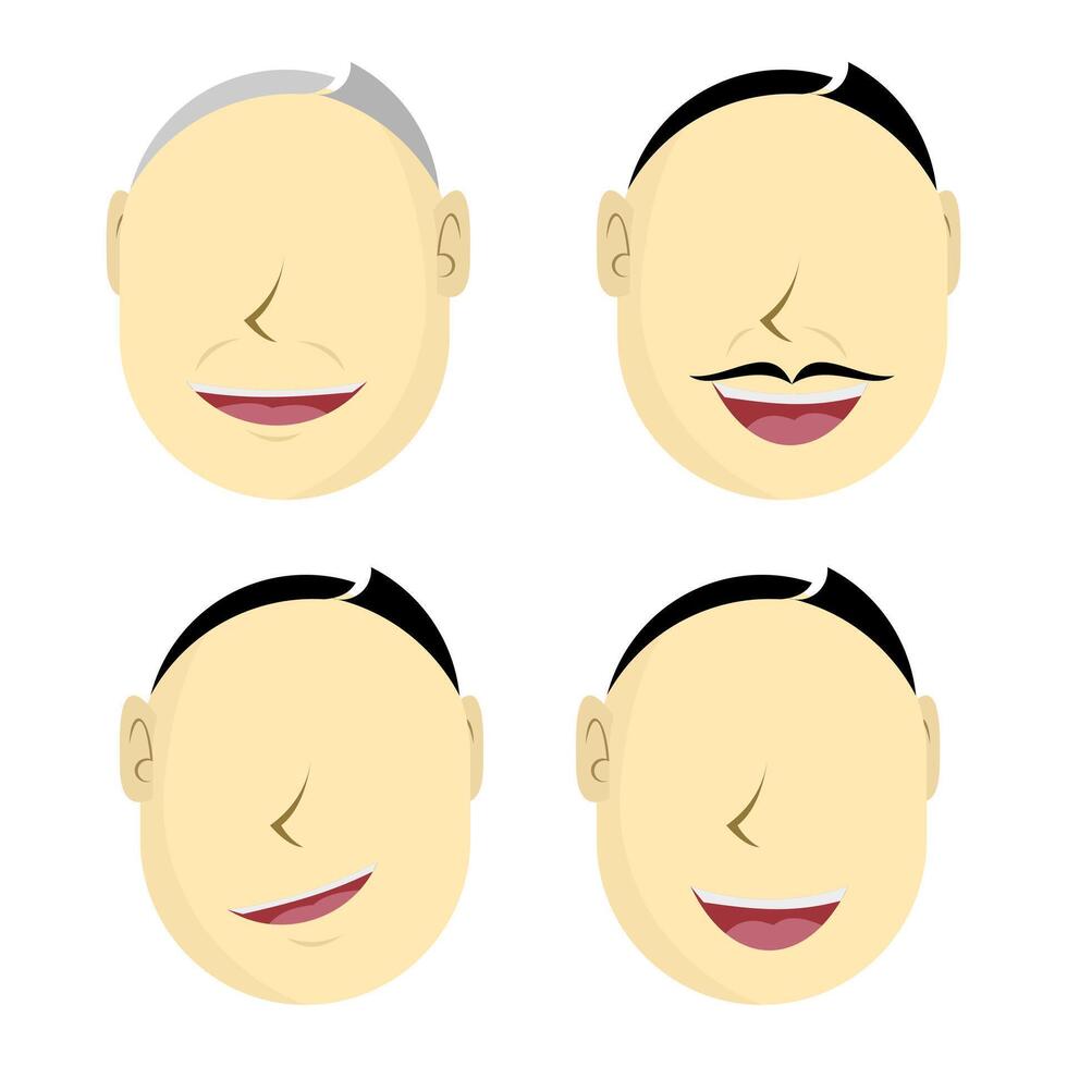 Minimal cartoon grid of expressive male faces with varied hairstyles and smiles, ideal for avatar sets, emotion design, character branding, and playful content themes. vector