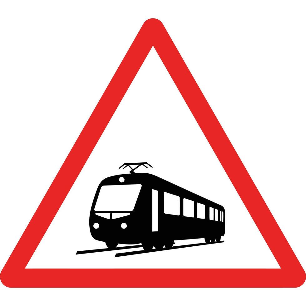 Train Crossing Ahead Warning Sign railway red triangle vector