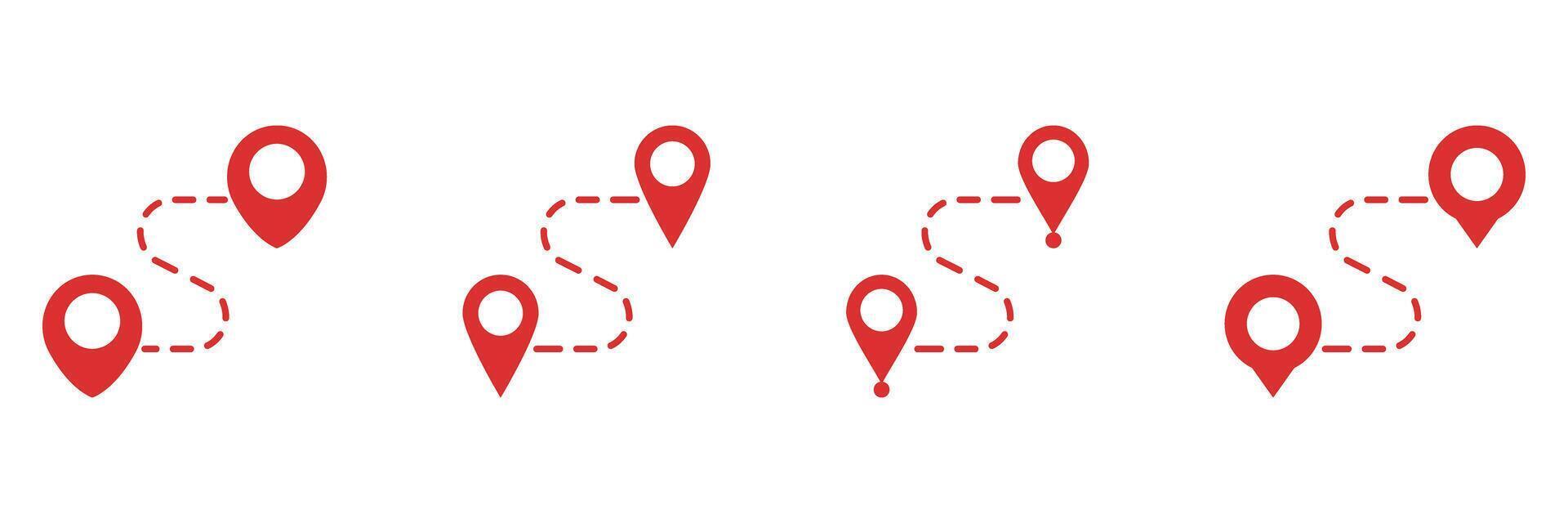 Red Location Pin With Dotted Path Solid Icon Set. Navigation, Route Planning, And Gps Tracking Silhouette Symbol Collection. Travel And Directional Guidance. Isolated Illustration vector