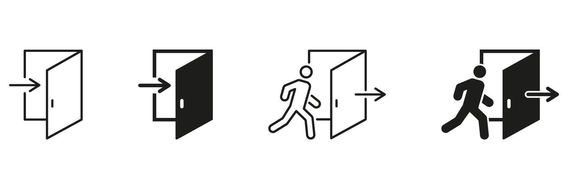Open Door With Arrow And Person Icon Set. Entry And Exit Direction, Movement, And Navigation Outline And Silhouette Symbol Collection. Pathway Guidance. Isolated Illustration vector