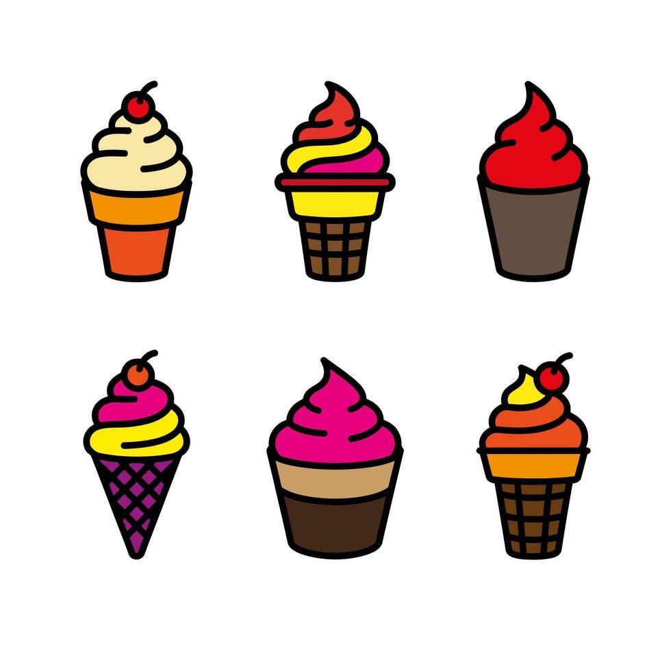Six Colorful Ice Cream Cones With Swirled Soft Serve In Waffle And Cup Images vector