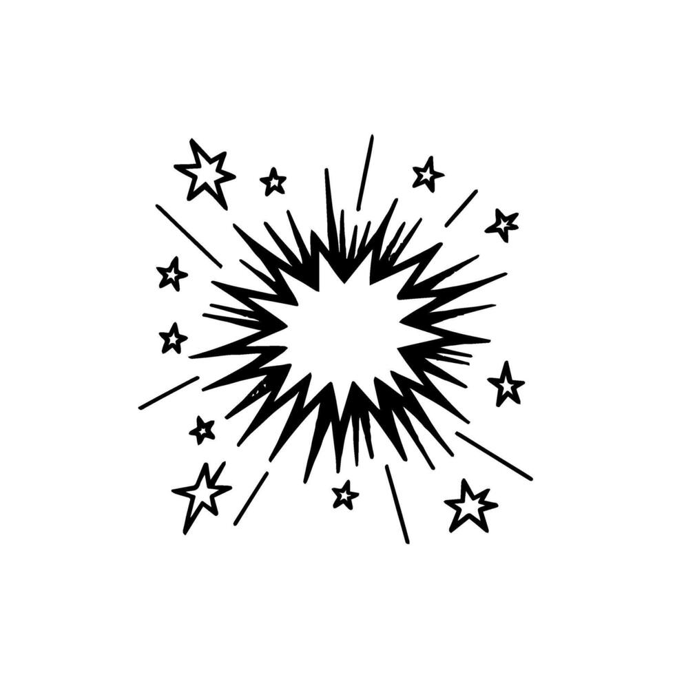 Dynamic hand-drawn explosion graphic featuring radiating starburst lines and sparkling scattered stars, perfect for adding a zesty pop or highlighting impactful design elements vector