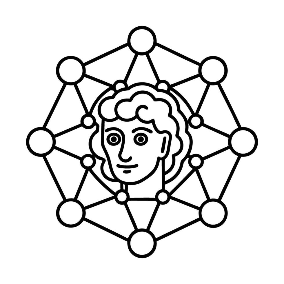 Abstract Line Art Icon of a Stylized Human Head within an Interconnected Geometric Network Structure, Symbolizing Knowledge, Technology, and Cognitive Connections vector