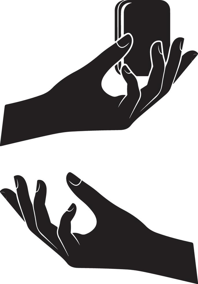 art of silhouette of hands holding and dropping a small rectangular object, silhouette art design vector